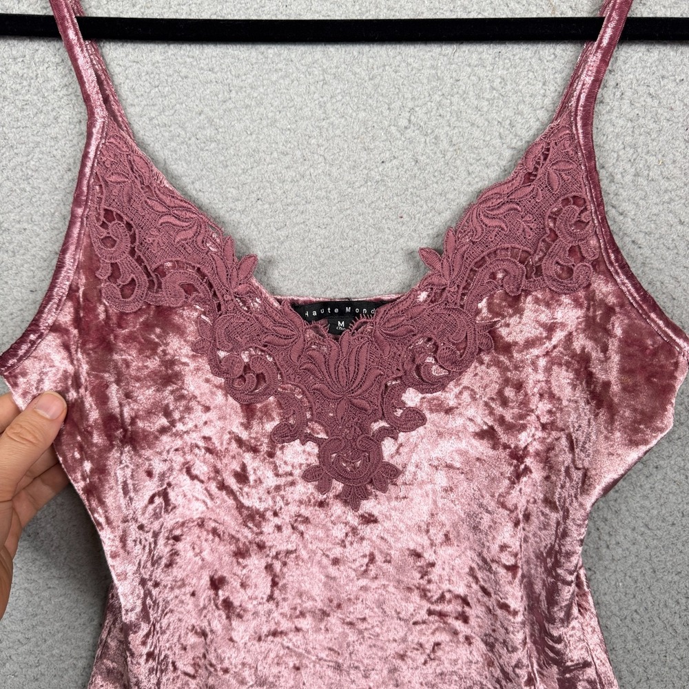 Haute Monde Bodysuit Womens M Dusty Rose Crushed Velvet Fairy Lace Y2K Romantic - Picture 3 of 12